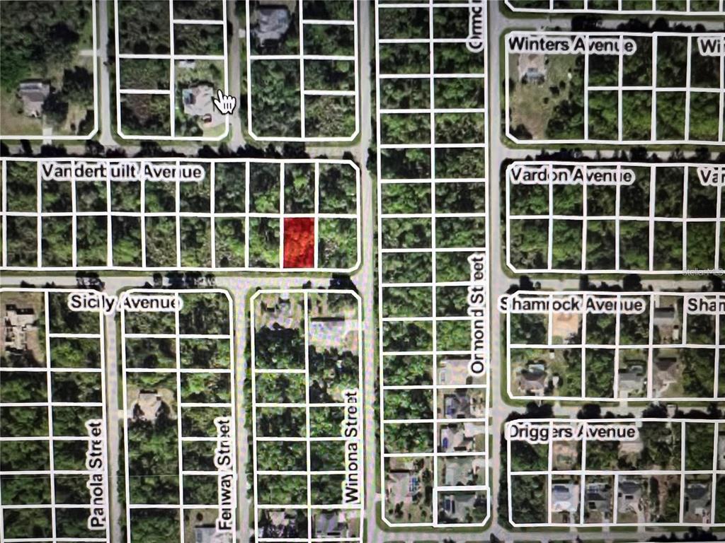 This is an aerial map showing a highlighted vacant lot in a residential neighborhood — 18106 SICILY AVENUE, PORT CHARLOTTE, FL