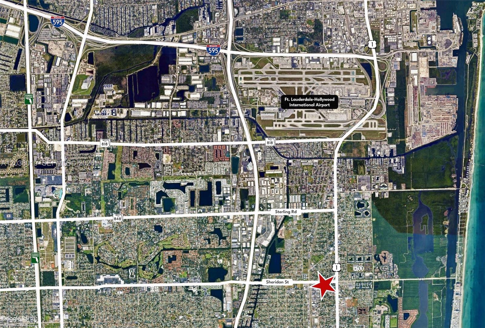 This is an aerial map showing the location of a property near the international airport — 2216 N 20th Ave, Hollywood FL 33020, HOLLYWOOD, FL