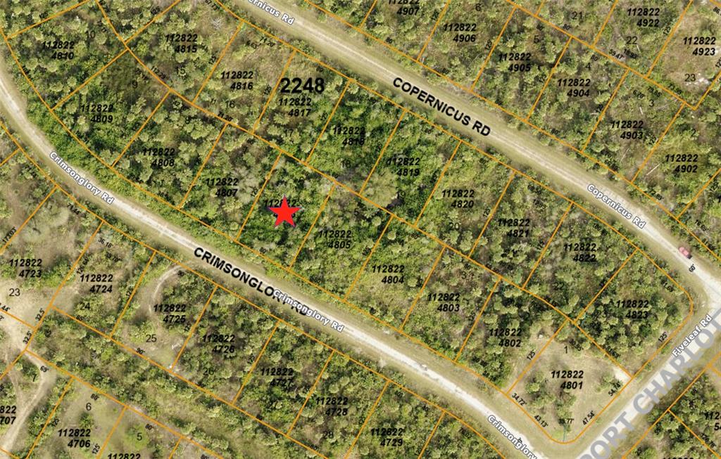 This is a map showing property lot lines and road names in a wooded area — CRIMSONGLORY ROAD, NORTH PORT, FL