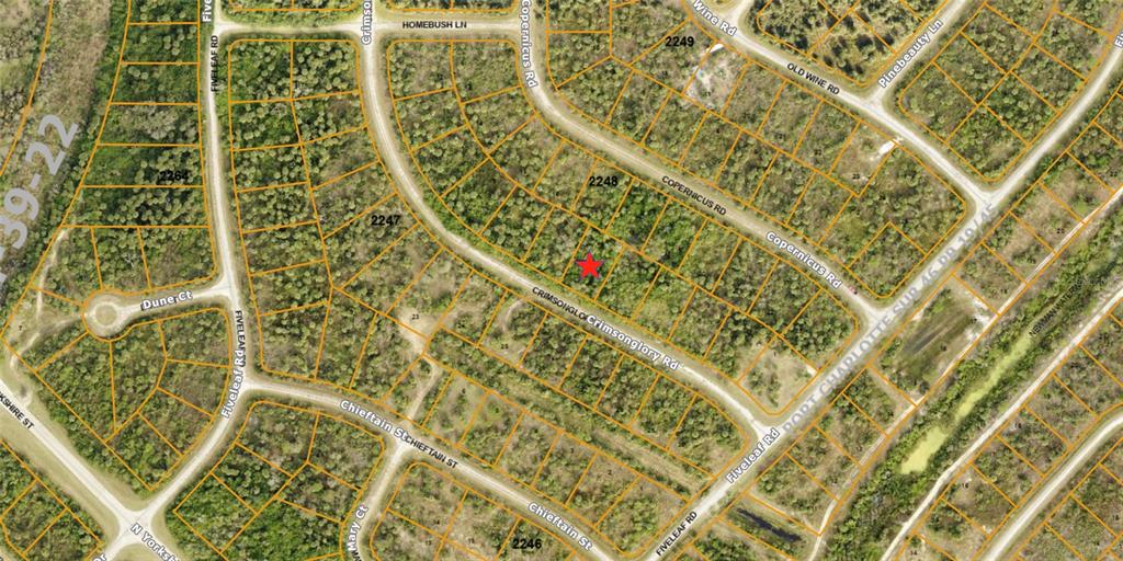 This is an aerial map showing a vacant residential lot marked with a red star — CRIMSONGLORY ROAD, NORTH PORT, FL