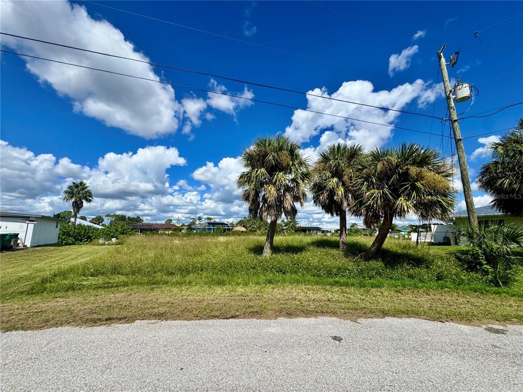 A grassy, undeveloped lot features several palm trees under a bright, cloudy blue sky — 18106 AVONSDALE CIRCLE, PORT CHARLOTTE, FL