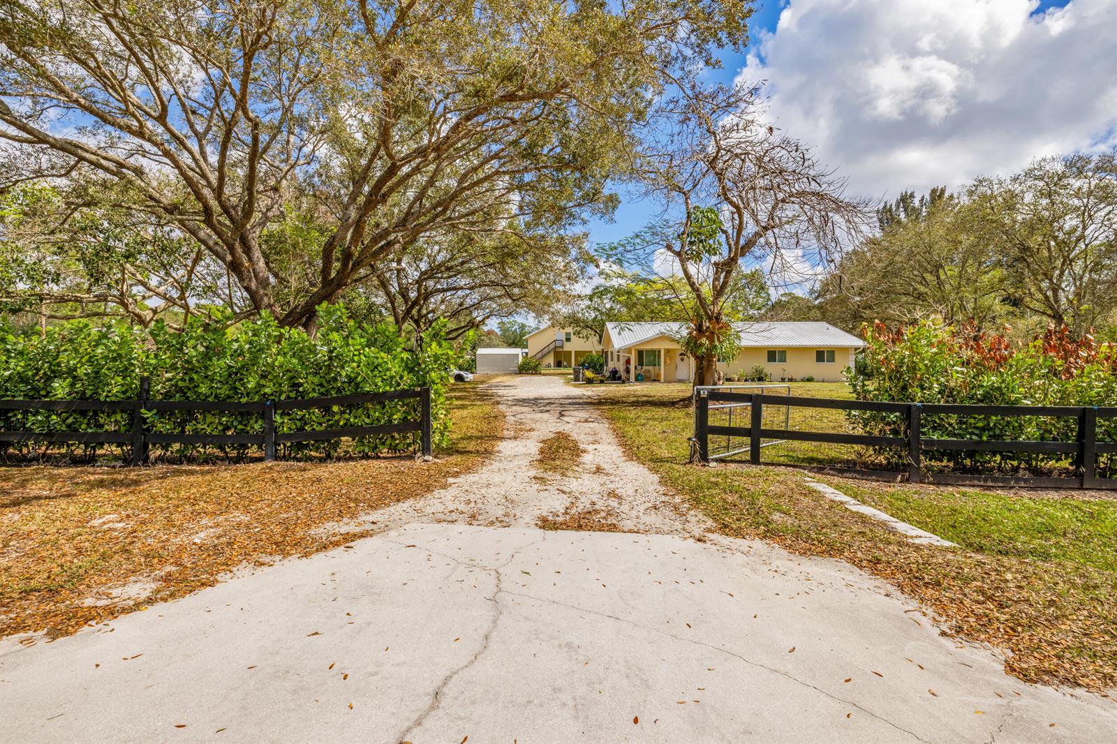A gravel driveway leads to a yellow house behind a black fence and large trees — 15848 N 129th Pl N, FL 33478, FL