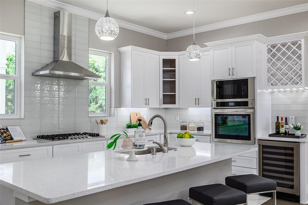 A modern kitchen features white cabinetry, stainless steel appliances, a large island, and quartz countertops — 3847 SEENA MANOR COURT, TAMPA, FL