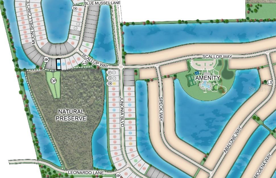 This is a site map showing a residential neighborhood layout with streets, lots, and amenities — 691 MOON SHELL CIRCLE, NEW SMYRNA BEACH, FL