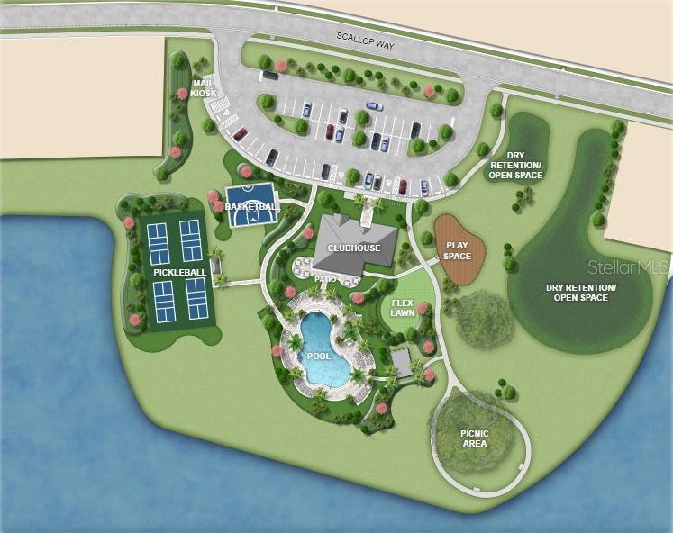 This is a site plan rendering of a community amenity center with a pool and courts — 691 MOON SHELL CIRCLE, NEW SMYRNA BEACH, FL