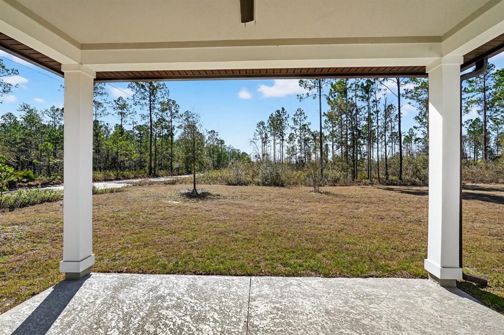 A covered concrete patio overlooks a grassy yard and a wooded area — 8911 FORD ROAD, BRYCEVILLE, FL