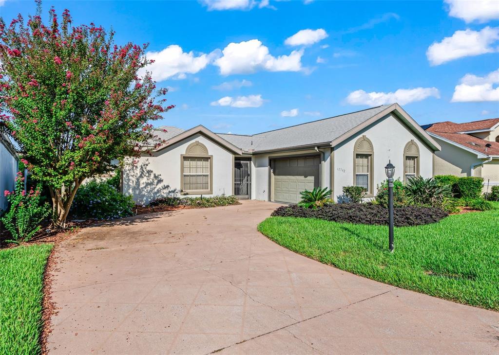 A single-story house with a concrete driveway, a blooming tree, and a green lawn — 17742 SE 114TH COURT, SUMMERFIELD, FL