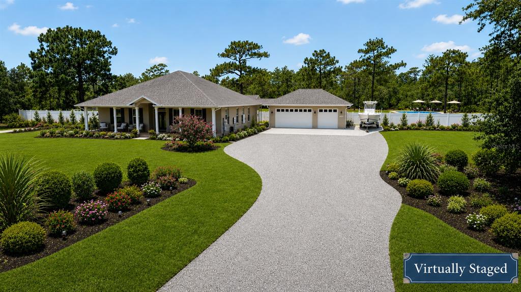 A single-story house with a large driveway, a two-car garage, and a boat parked outside — 3274 N BRAVO DRIVE, BEVERLY HILLS, FL
