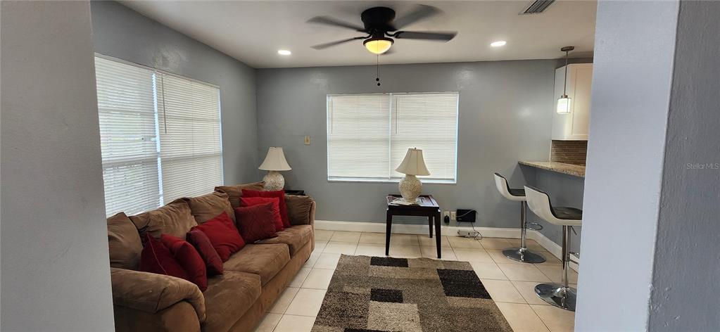 A living room features a brown sofa, a patterned rug, and a kitchen breakfast bar — 10706 N 15TH STREETS UNIT A, TAMPA, FL
