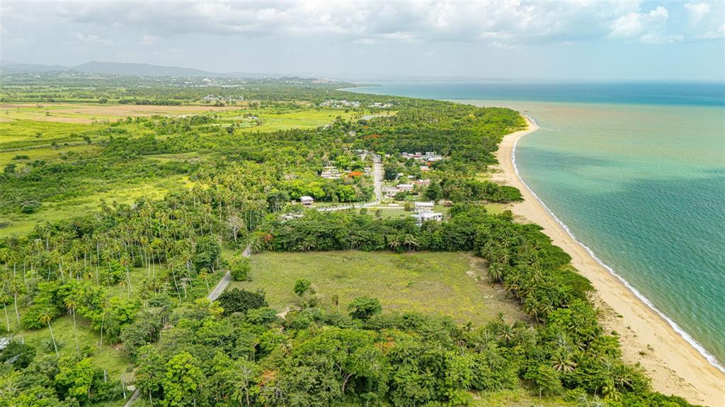 An aerial view shows a large, grassy coastal lot bordered by dense trees and ocean — COMM. PLAYA, CARR. 401 KM. HM 1.9, ANASCO, PR