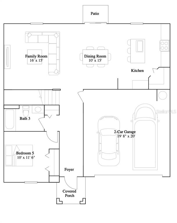 This is a floor plan of a first-floor layout featuring a garage, kitchen, and living area — 16679 NW 144TH STREET, ALACHUA, FL