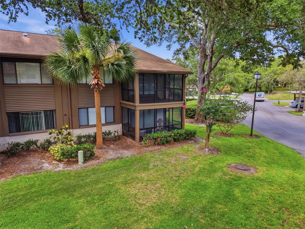 A two-story apartment building features brown siding, screened-in balconies, and a palm tree out front — 12809 WEDGEWOOD WAY UNIT A, HUDSON, FL