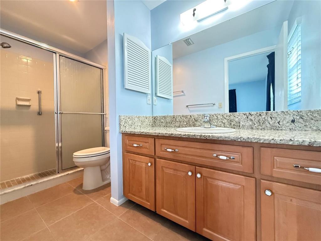 A bathroom features a granite-topped wooden vanity, a walk-in shower, and a toilet — 999 GILLESPIE DRIVE, PALM HARBOR, FL