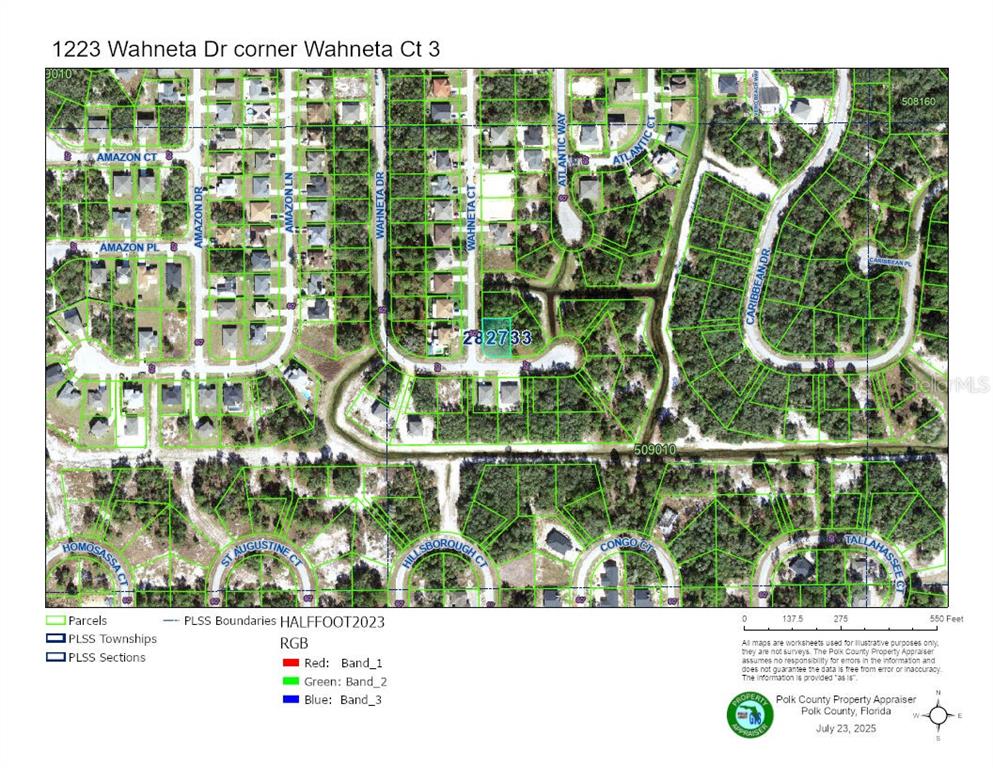 This is a property tax map showing parcel boundaries and street layouts in a residential area — 1223 WAHNETA DRIVE, KISSIMMEE, FL
