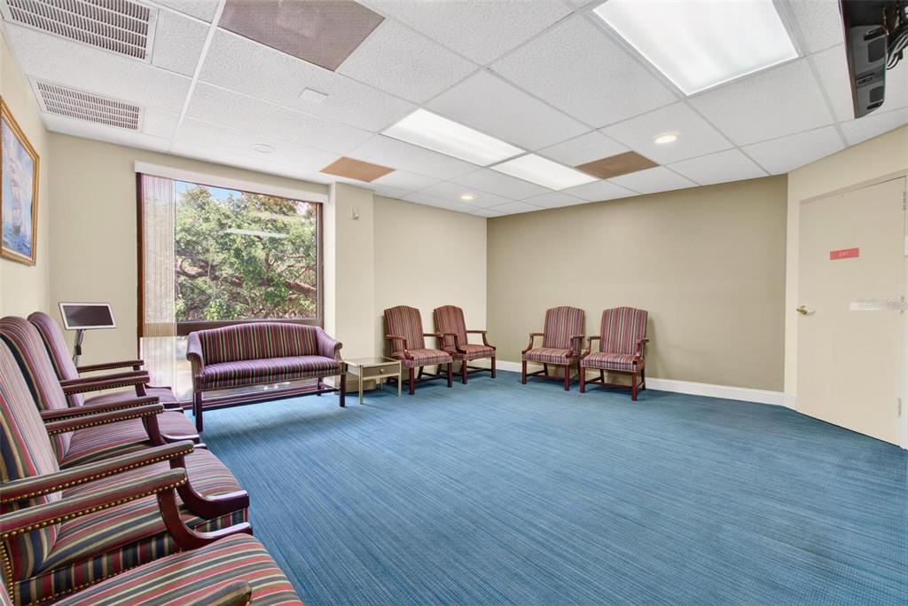 A waiting room features blue carpet, striped chairs, a sofa, and a large window — 500 VONDERBURG DRIVE UNIT 314, BRANDON, FL