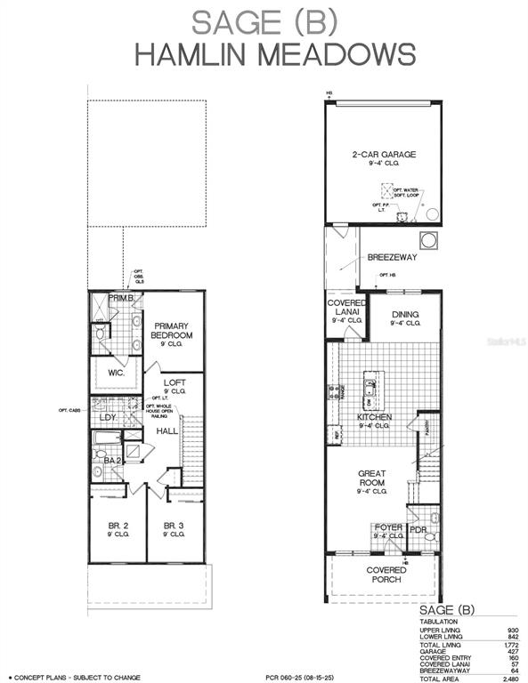 This is a two-story floor plan for a residential home named Sage (B) — 7280 WINDY WILLOW STREET, WINTER GARDEN, FL
