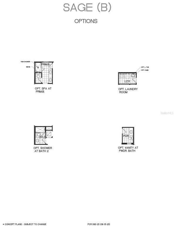 This floor plan shows four optional room configurations for a home, including bathrooms and laundry — 7280 WINDY WILLOW STREET, WINTER GARDEN, FL