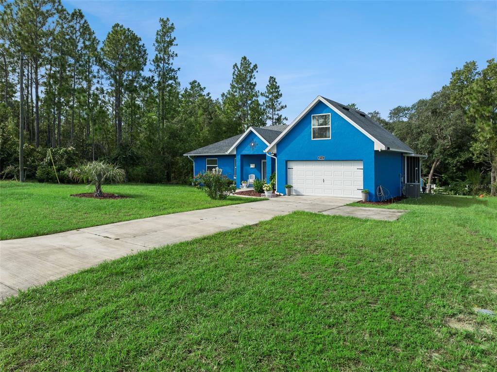 A bright blue single-story house with a white garage door and a concrete driveway — 8742 SW 135TH STREET ROAD, OCALA, FL