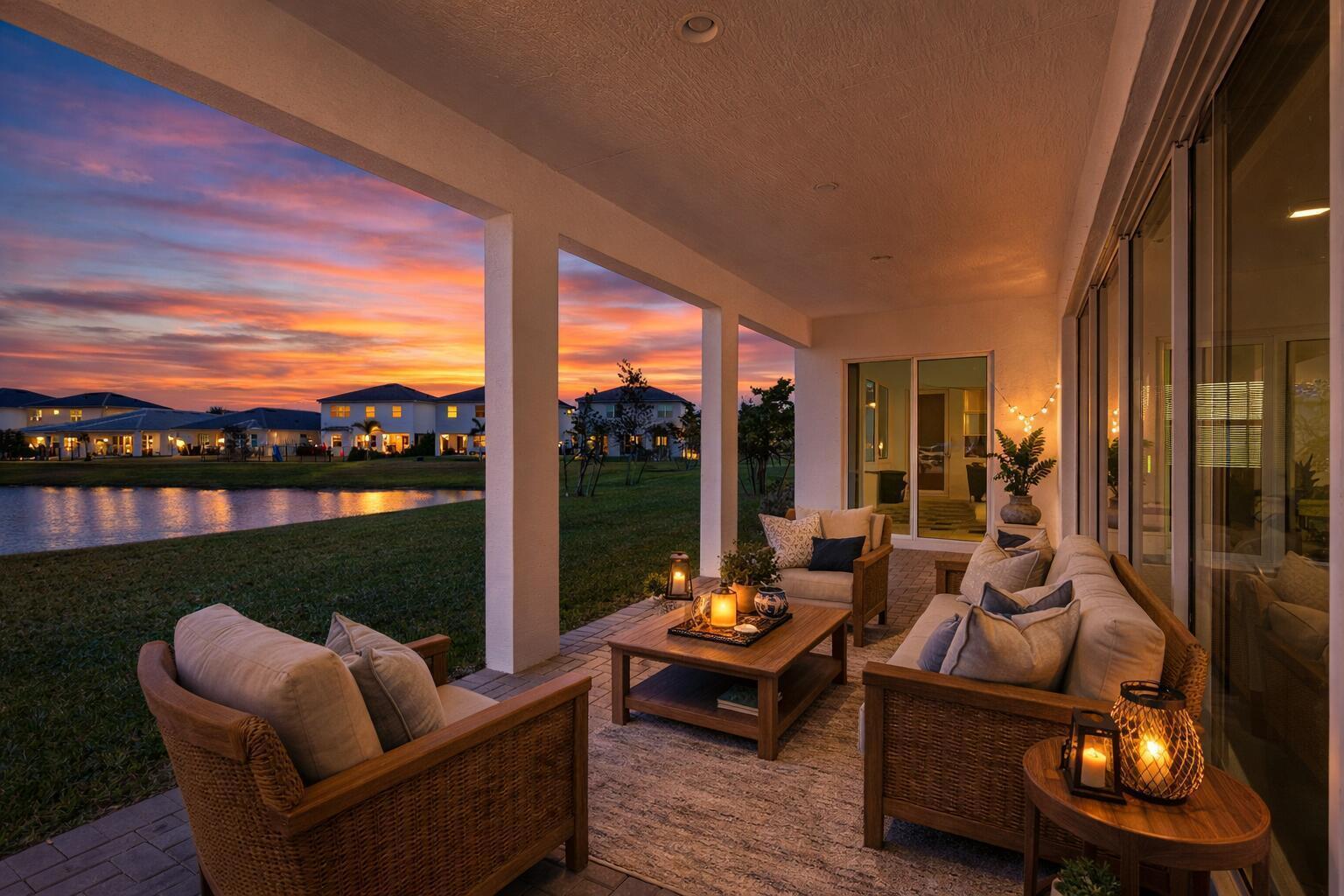 A covered patio with wicker furniture overlooks a lake at sunset — 5338 Liberty Lane, FL 33470, FL