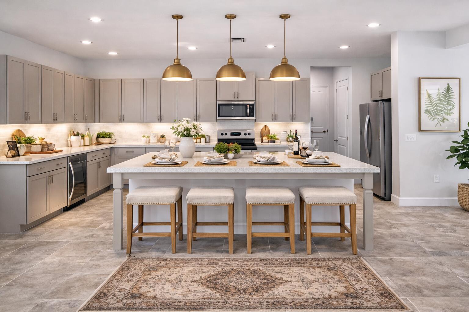A modern kitchen features gray cabinets, a large central island with four stools, and pendant lighting — 5338 Liberty Lane, FL 33470, FL