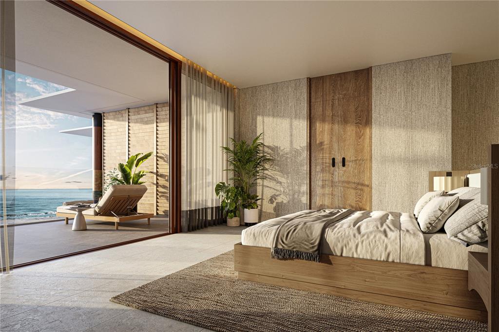 This rendering shows a modern bedroom with a wooden bed, textured walls, and a balcony view — 500 MAREA RESIDENCES, COCO BEACH BLVD UNIT 2202, RIO GRANDE, PR