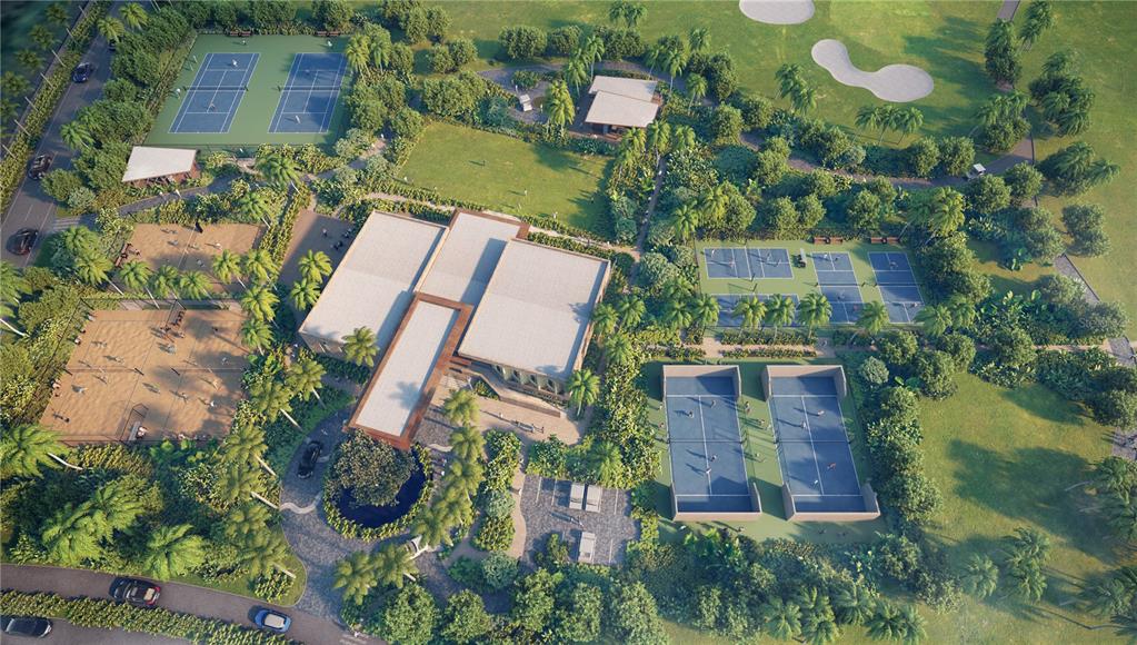 This is an aerial rendering of a sports complex featuring tennis courts and a clubhouse — 500 MAREA RESIDENCES, COCO BEACH BLVD UNIT 2202, RIO GRANDE, PR