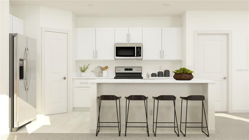 This is a rendering of a modern kitchen featuring white cabinets, stainless appliances, and an island — 6554 PORCH LIGHT DRIVE, NEW PORT RICHEY, FL