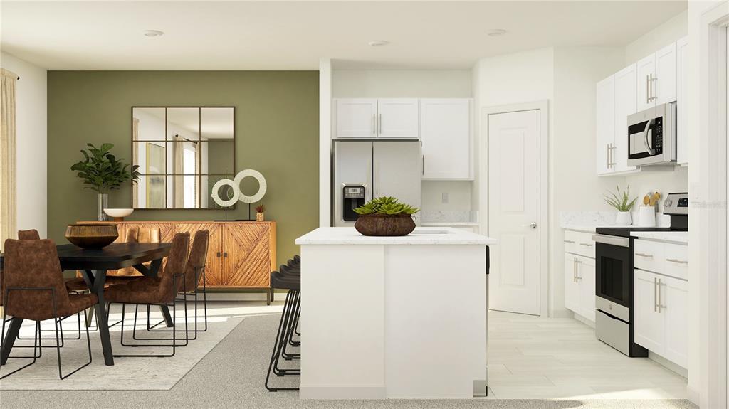 This rendering shows a modern kitchen with white cabinets, a central island, and an adjacent dining area — 6554 PORCH LIGHT DRIVE, NEW PORT RICHEY, FL