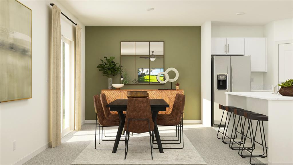 This rendering shows a dining area with a green accent wall, wooden sideboard, and kitchen — 6554 PORCH LIGHT DRIVE, NEW PORT RICHEY, FL