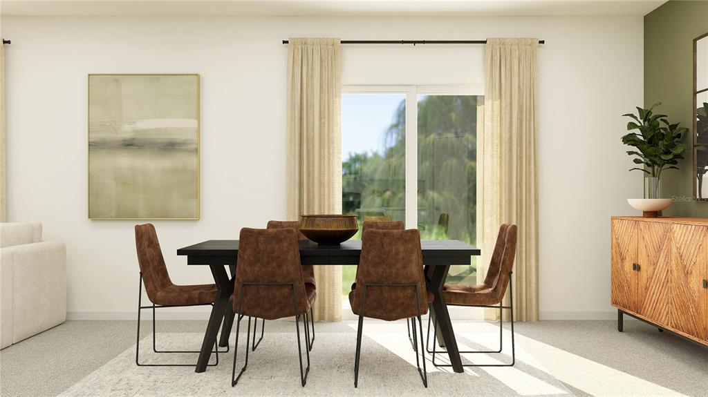 This rendering shows a dining room with a black table, brown chairs, and sliding glass doors — 6554 PORCH LIGHT DRIVE, NEW PORT RICHEY, FL
