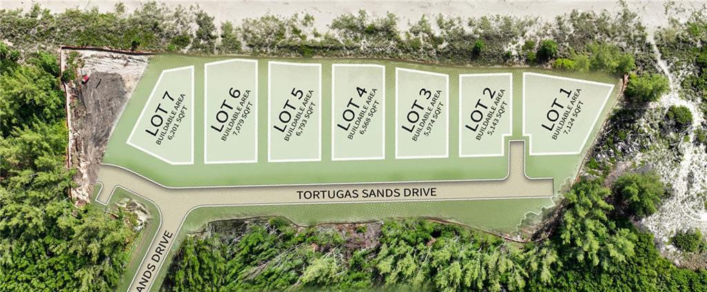 This is a site plan rendering showing seven numbered lots along Tortugas Sands Drive — HUTCHINSON ISLAND, FL