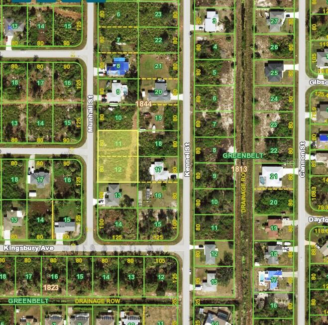 This is an aerial map showing residential lots, streets, and greenbelts in a neighborhood — 5176 MUNHALL STREET, PORT CHARLOTTE, FL