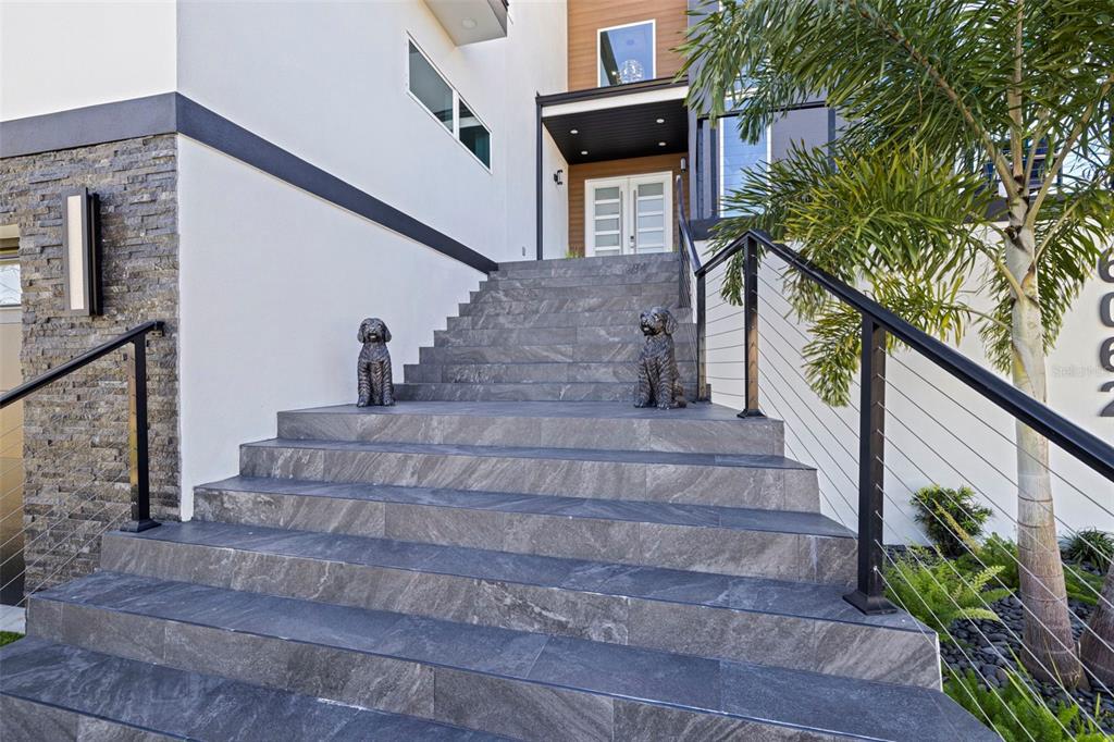 Wide stone steps lead up to the front entrance of a modern house with railings — 6062 BAYOU GRANDE BOULEVARD NE, ST PETERSBURG, FL