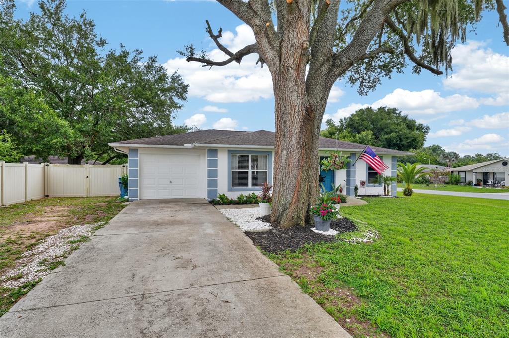 A single-story house with a white garage, a large tree, and a front lawn — 599 MAGNOLIA RIDGE AVENUE, TAVARES, FL