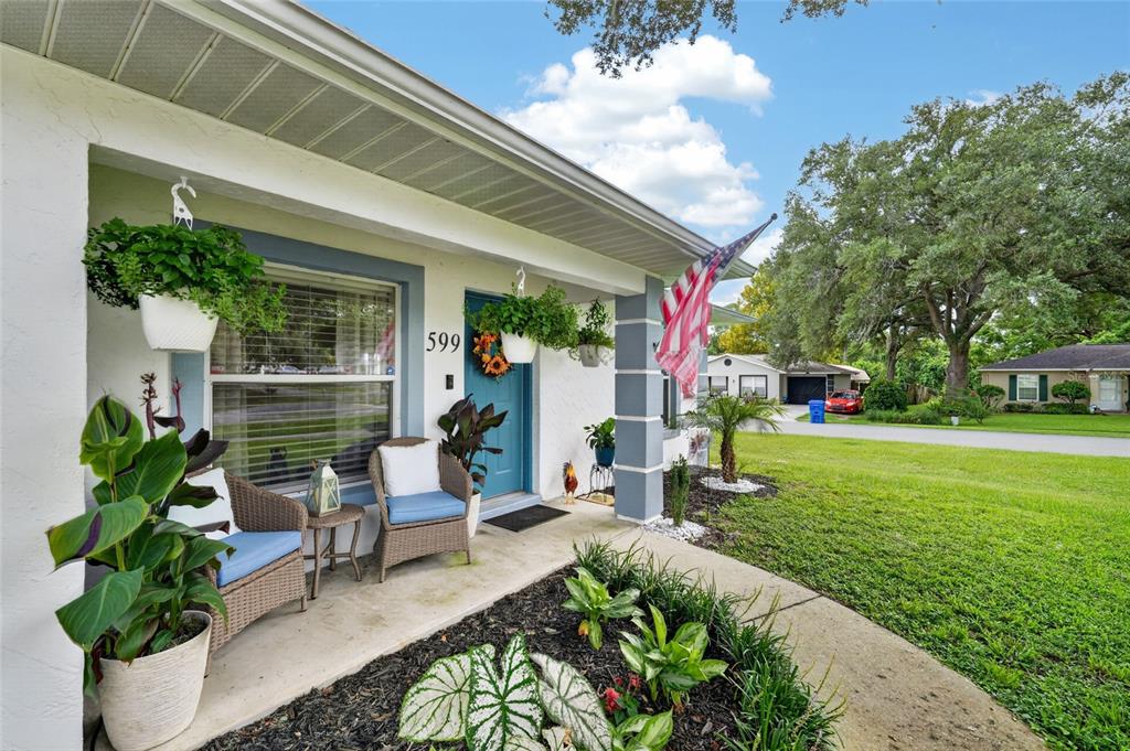 A front porch features two wicker chairs, hanging plants, and a blue front door — 599 MAGNOLIA RIDGE AVENUE, TAVARES, FL