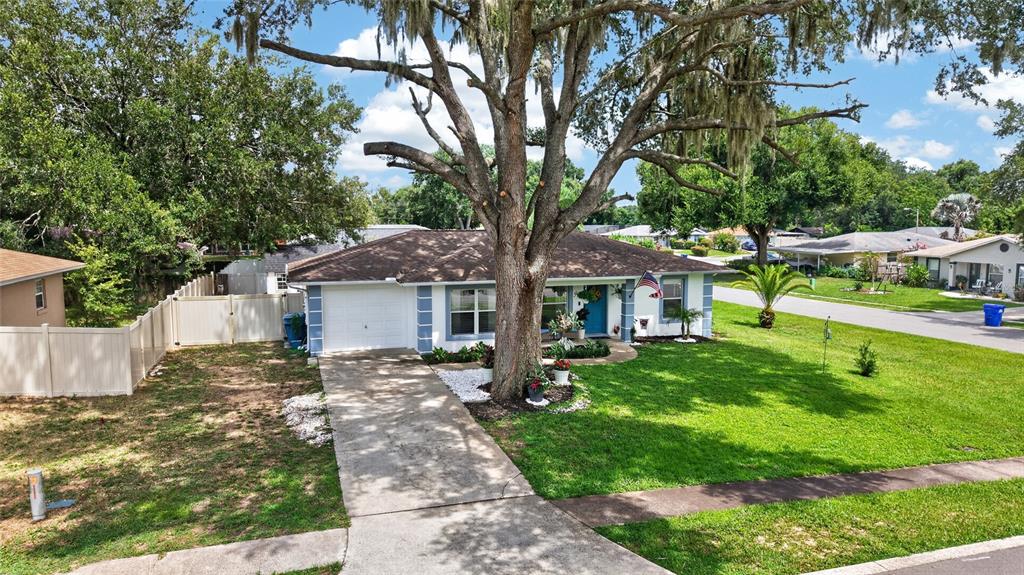 An exterior view of a single-story house with a large tree in the front yard — 599 MAGNOLIA RIDGE AVENUE, TAVARES, FL