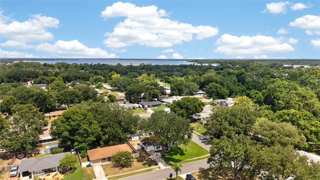 An aerial view shows a residential neighborhood with houses surrounded by trees near a lake — 599 MAGNOLIA RIDGE AVENUE, TAVARES, FL