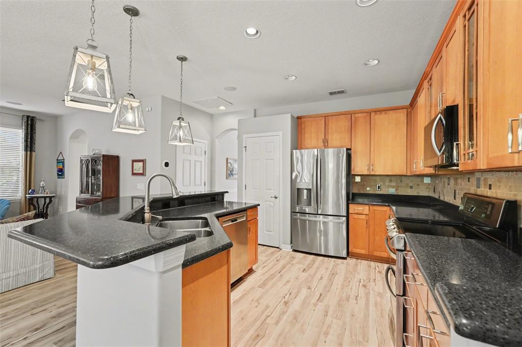 A kitchen features wood cabinets, dark granite countertops, stainless steel appliances, and three pendant lights — 11201 GREEN PARK CIRCLE, TAMPA, FL
