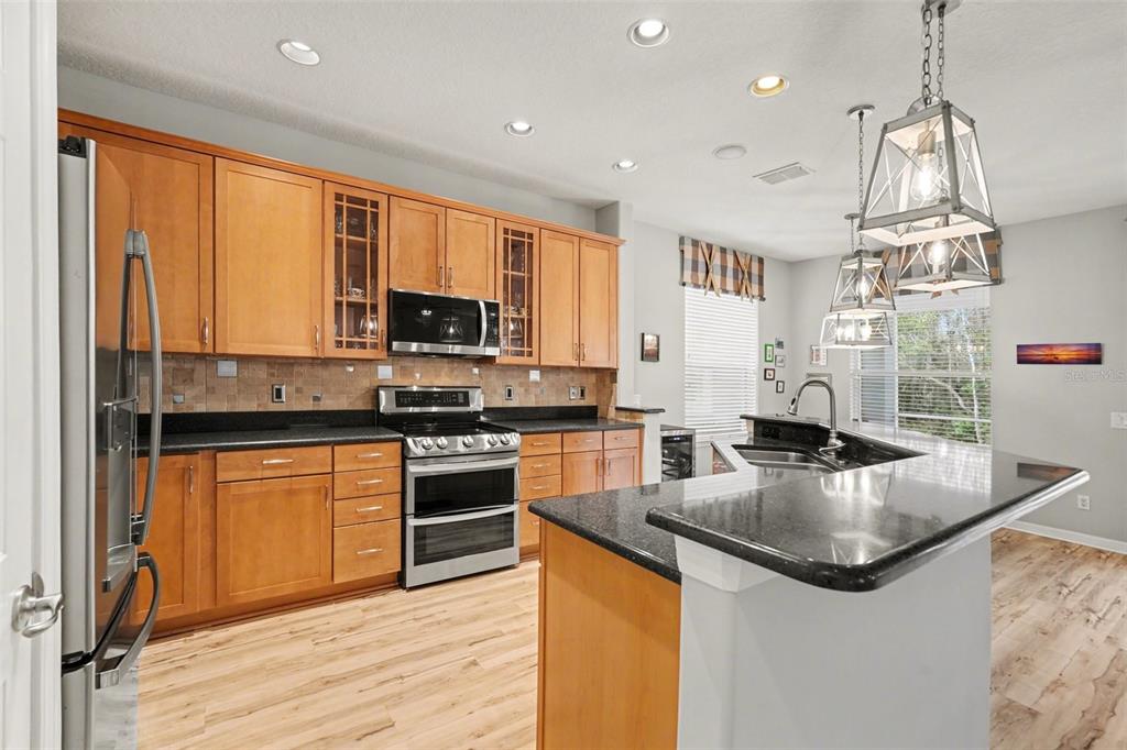 A kitchen featuring light wood cabinets, black countertops, stainless steel appliances, and a center island — 11201 GREEN PARK CIRCLE, TAMPA, FL