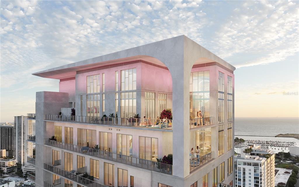 This architectural rendering shows the exterior of a modern high-rise building with balconies and terraces — 344 4TH STREET S UNIT 2009, ST PETERSBURG, FL