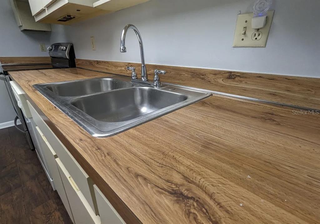 A kitchen sink with a chrome faucet is set into a wood-look laminate countertop — 5229 VINELAND ROAD UNIT A106, ORLANDO, FL