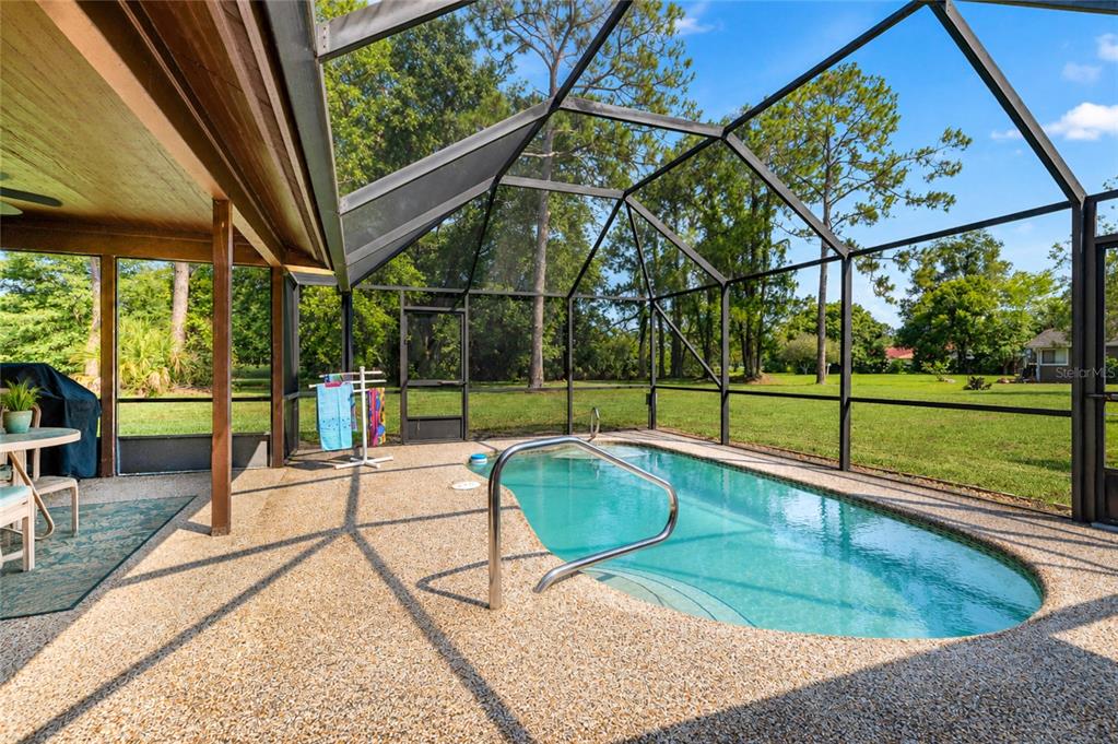 A screened-in patio features a swimming pool with a metal handrail and a pebble finish — 21 WEDGEWOOD LANE, PALM COAST, FL
