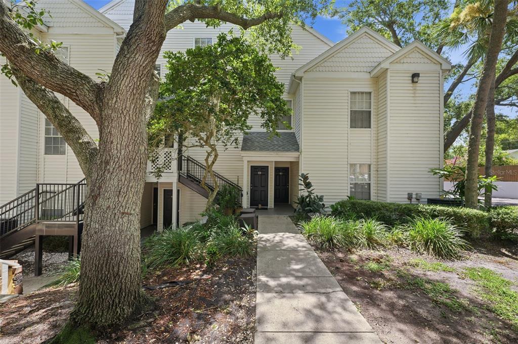 A concrete walkway leads to the entrance of a two-story beige apartment building — 3274 HAVILAND COURT UNIT 201, PALM HARBOR, FL