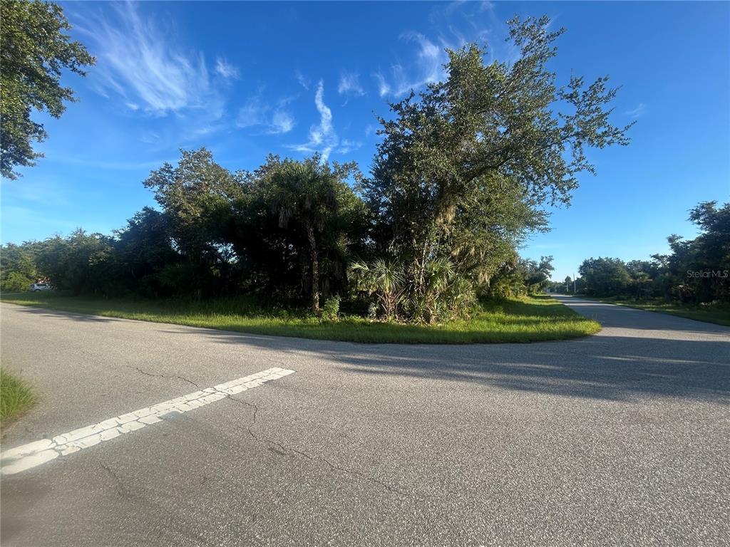 A paved road intersection borders a wooded lot with dense trees and vegetation — 18452 CORDOBA AVENUE, PORT CHARLOTTE, FL
