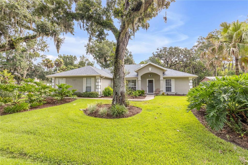 A single-story house with a light-colored exterior, a large front tree, and a grassy lawn — 707 CORBIN PARK ROAD, NEW SMYRNA BEACH, FL