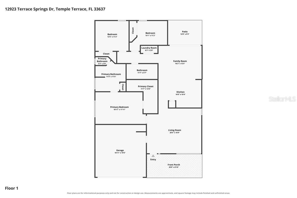This is a floor plan of a single-story house featuring a garage, patio, and porch — 12923 TERRACE SPRINGS DRIVE, TEMPLE TERRACE, FL