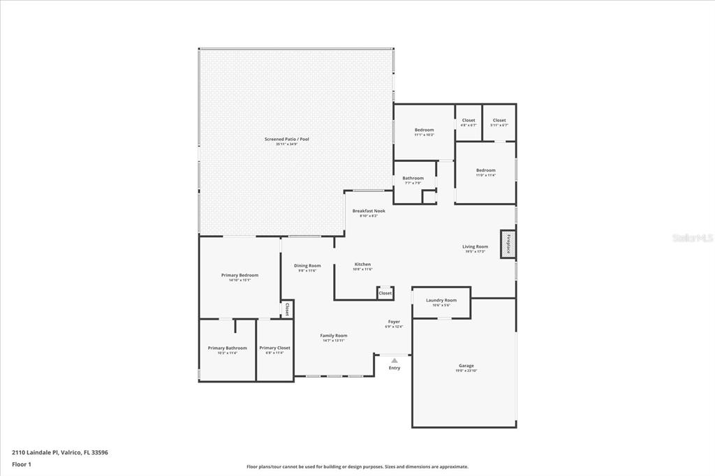 This is a floor plan of a single-story house featuring a pool and screened patio — 2110 LAINDALE PLACE, VALRICO, FL