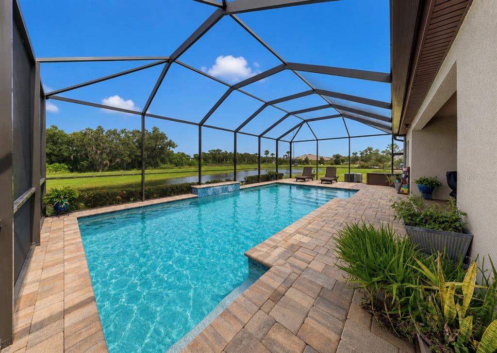 A screened-in swimming pool with a stone paver deck overlooks a pond and grassy landscape — 13211 WILDFLOWER MEADOW DRIVE, RIVERVIEW, FL