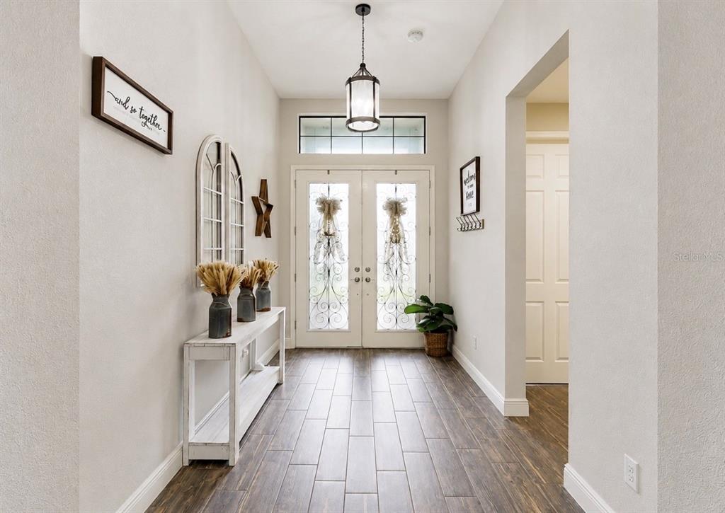A bright entryway features a white console table, double glass doors, and wood-look tile flooring — 13211 WILDFLOWER MEADOW DRIVE, RIVERVIEW, FL