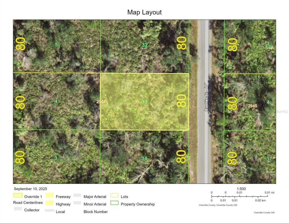 This is a map layout showing a rectangular property parcel located along Busher St — 2195 BUSHER STREET, PORT CHARLOTTE, FL